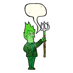 cartoon devil with pitchfork with speech bubble