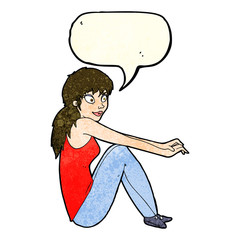cartoon happy woman sitting with speech bubble