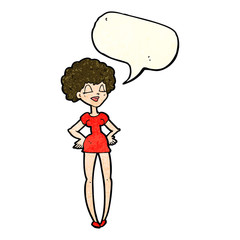 cartoon happy woman with hands on hips with speech bubble
