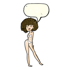 cartoon woman in bikini with speech bubble