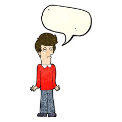 cartoon bored man shrugging shoulders with speech bubble