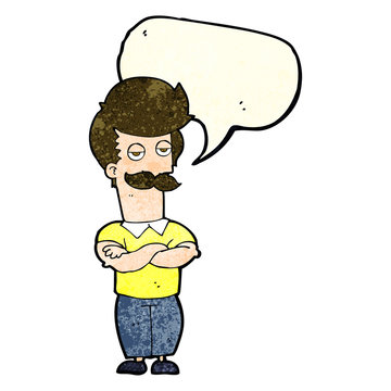 cartoon mustache muscle man with speech bubble