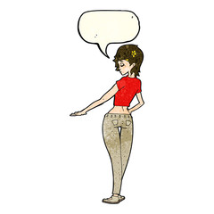 cartoon pretty girl in jeans and tee with speech bubble