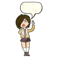 cartoon cool girl giving peace sign with speech bubble