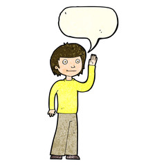 cartoon friendly boy waving with speech bubble