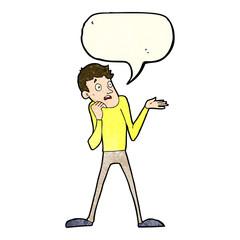 cartoon nervous man with speech bubble