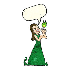 cartoon witch woman casting spell with speech bubble