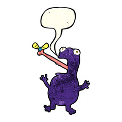 cartoon poisonous frog catching fly with speech bubble