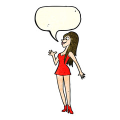 cartoon woman in pink dress with speech bubble