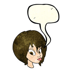 cartoon pretty female face pouting with speech bubble