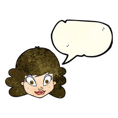 cartoon happy female face with speech bubble
