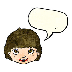 cartoon happy female face with speech bubble