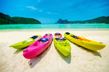 colorful of kayaks boat on the beach