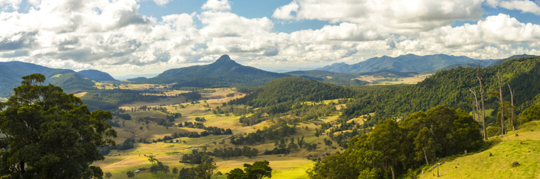 Carr’s Lookout overlooking the mountains and fields in the Scenic Rim, Queensland during the day