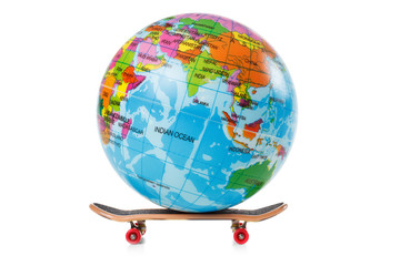 skateboard and globe on white background