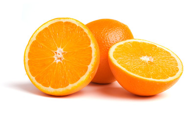 One and halfs of oranges isolated on white background