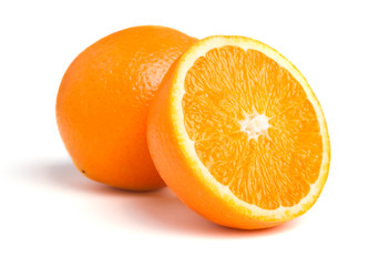 One and half oranges isolated on white background
