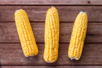 Fresh sweet corn on wooden table