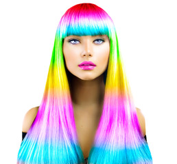 Obrazy na Szkle  Piękna dziewczyna modelka z kolorowymi farbowanymi włosami