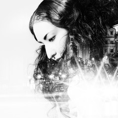 Double exposure of beautiful girl and  city lights at night