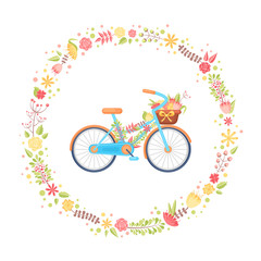 Colorful flat elegant bicycle with flowers in the basket