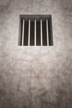 3 D render of prison wall with jail bars in the window.
