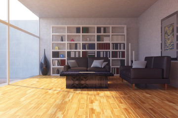 3 D render of modern living room.