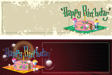Vector illustration. Template birthday greetings. Cake, ice crea