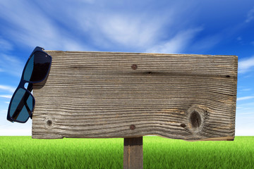 Leeres Holzschild mit Sonnenbrille vor grüner Landschaft