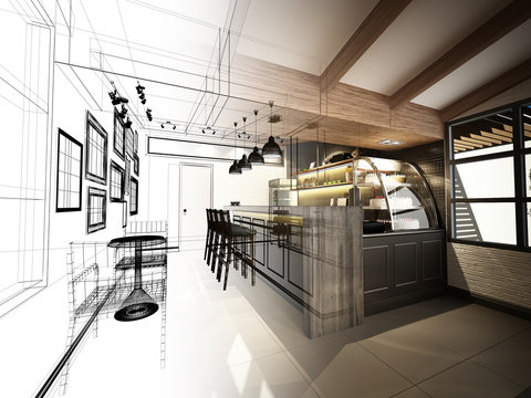 sketch design of coffee shop ,3dwire frame render 
