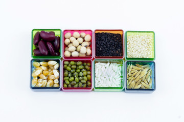 collection set of beans, sesame, corn, rice, lentils isolated on
