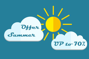 summer offer yellow sun with cloud sign, blue flat design label, business seasonal shopping concept, discount vector