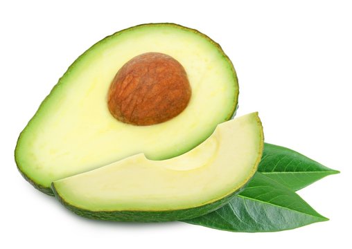 Two slices of avocado isolated on the white background. One slice with core. Design element for product label, catalog print, web use.