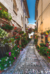 Fototapeta na wymiar Floral street in central Italy, in the small Umbrian medieval to