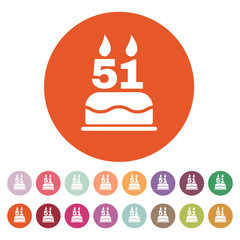 The birthday cake with candles in the form of number 51 icon. Birthday symbol. Flat