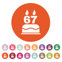 The birthday cake with candles in the form of number 67 icon. Birthday symbol. Flat
