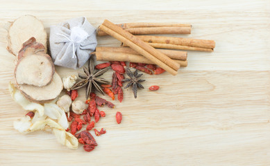 thai spices on wood background