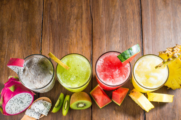 Fruit smoothies with dragon fruit, kiwi, watermelon, Pineapple
