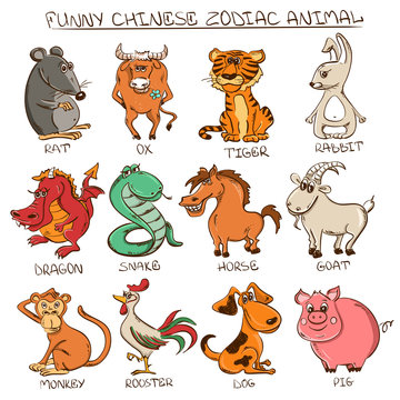 Set of Isolated Chinese Zodiac Animals Signs.