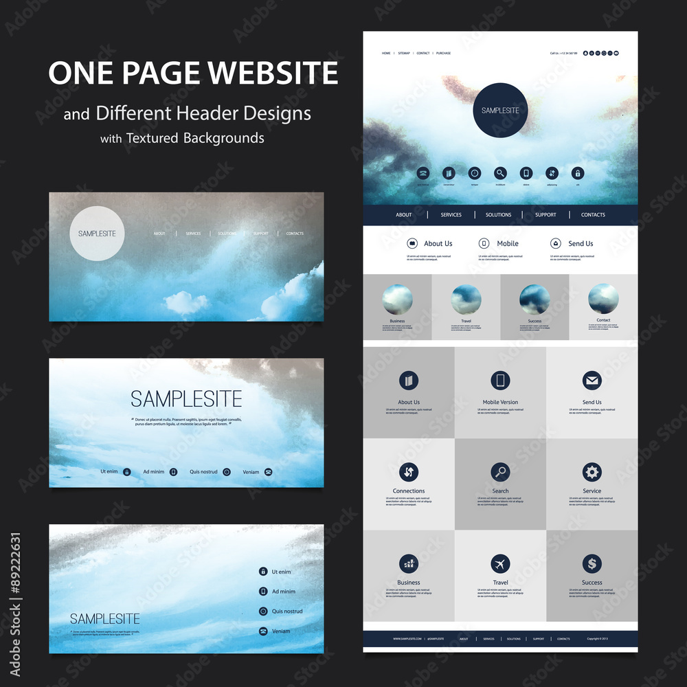 Poster one page website template and different header designs with blurred backgrounds