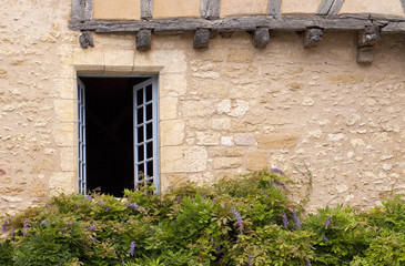 Fototapeta na wymiar Window Decorated with Wisteria. An old historical building in a market village in France has a window decorated with wisteria.