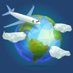 Low poly planet Earth, plane in the sky with clouds