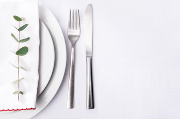 Simple dinner setting, green stem on napkin with plain crockery