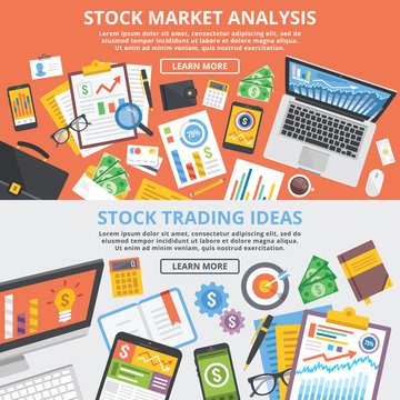 Stock market analytics, stock trading ideas flat illustration concept set