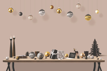 Christmas scene mockup - table with different items and hanging decoration balls
