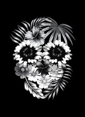 Floral black and white skull print