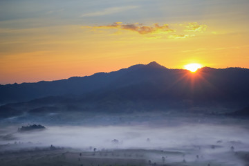 Good morning sunset with foggysea on the mountains of Thailand, Phu Lang Ka