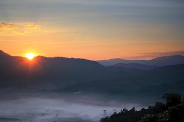 Good morning sunset with foggysea on the mountains of Thailand, Phu Lang Ka