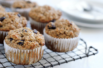 Healthy bran muffins on cooling tray