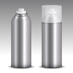 Two metallic spray cans model vector - with and without lid on gradient background.